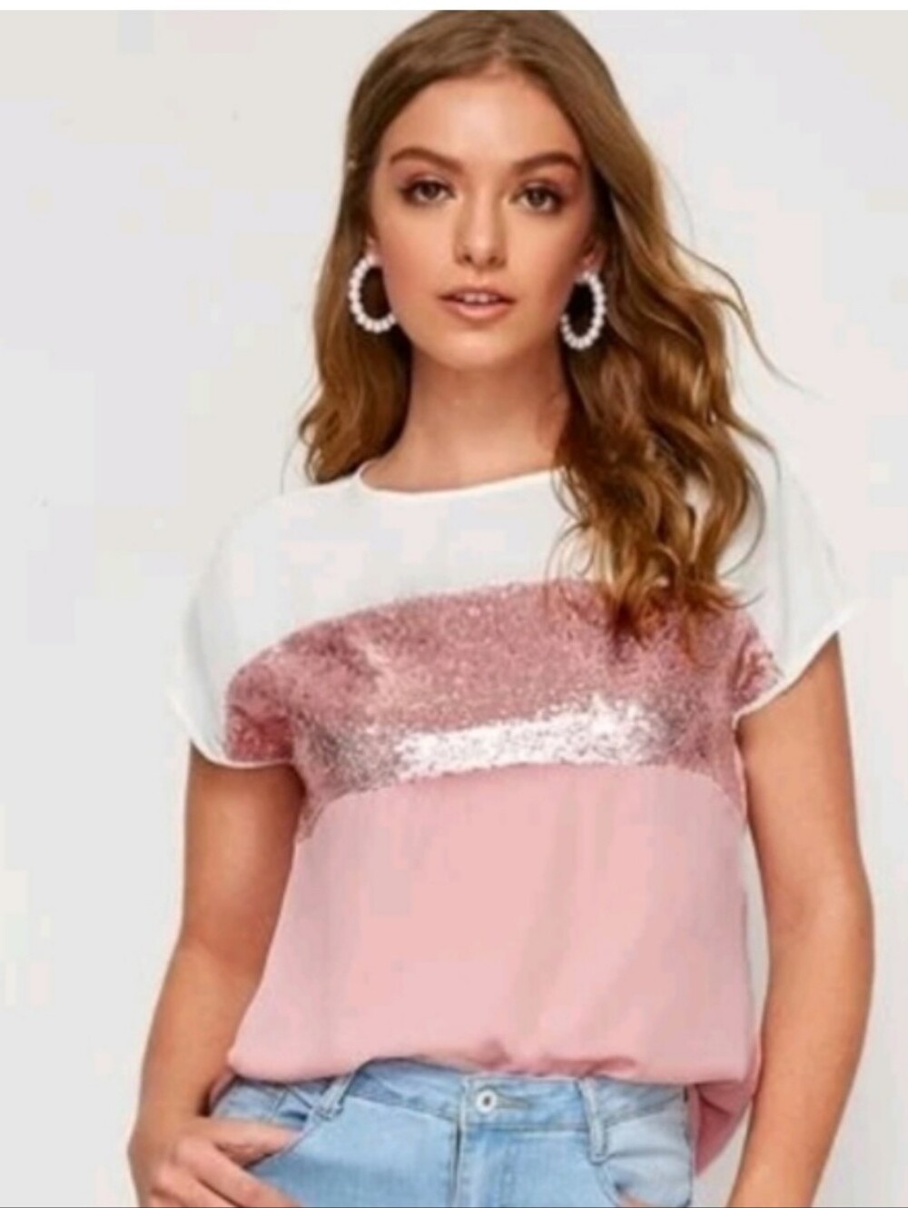 SHEIN Pink & White Sequin Block Short Sleeve Top